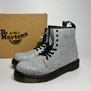 Dr. Martens Junior 1460 Metallic Suede Lace Up Boots in Silver